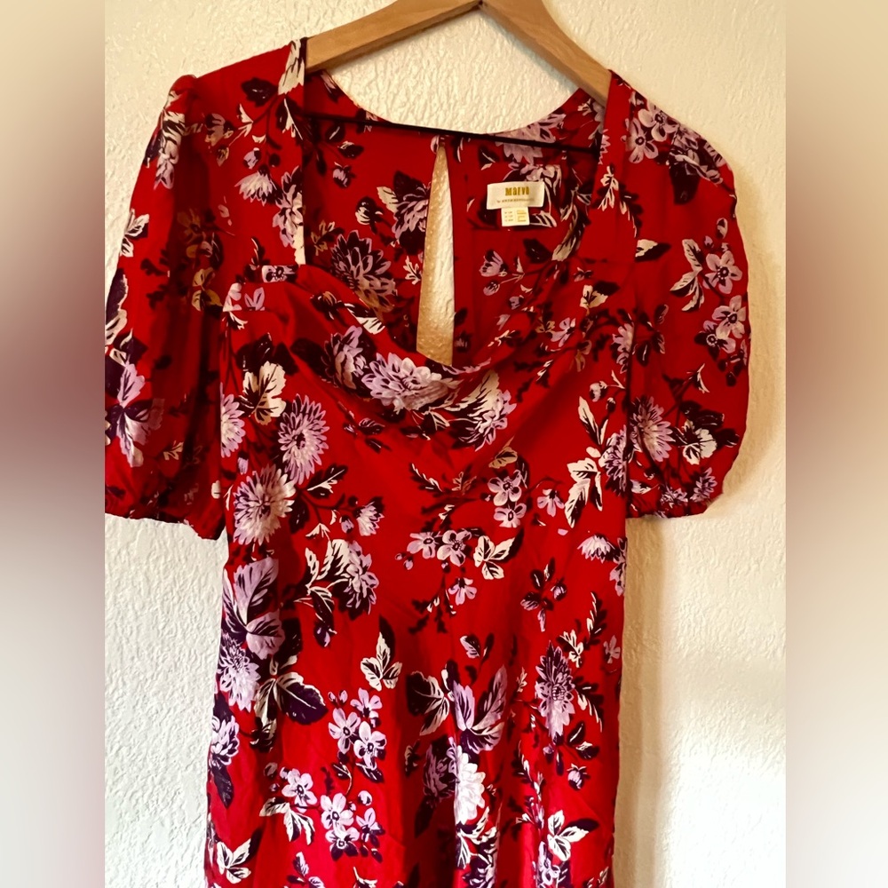 Maeve by Anthropologie Red Floral Puff Sleeve Hi Lo Dress Size 10 - Picture 5 of 9